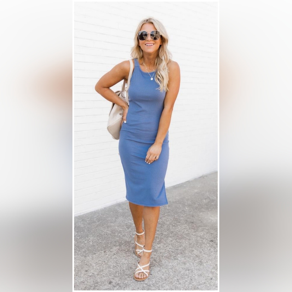 Pink Lily | A LOVING ENDEAVOR RIBBED MIDI BLUE TANK DRESS